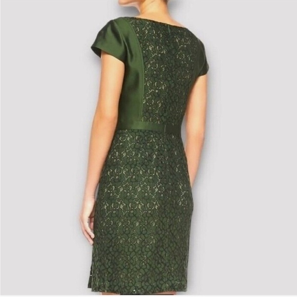 Tory Burch Mariana sheath dress Olive Green Black Jacquard Satin Lace Sz 12 - Picture 2 of 16